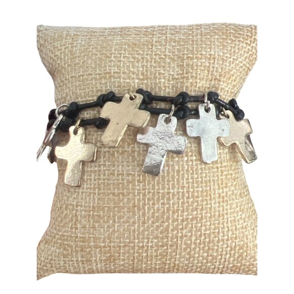 Double Leather Strand Bracelet Silver Gold Tone Cross Dangles Charms Button 6" - Picture 1 of 4